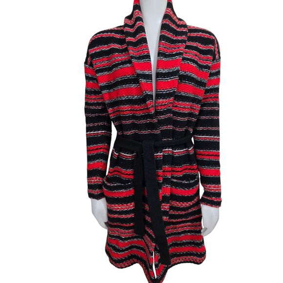 RALPH LAUREN Long Cardigan Sweater Womens XS Striped Wool Belt Cowl Neck LRL - Picture 1 of 10